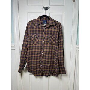 Wrangler Womens Tan Purple Green Plaid with Pearl Snap Buttons Flannel